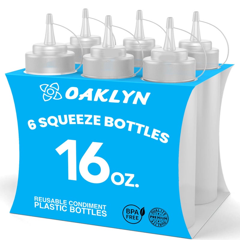 Oaklyn Squirt Bottles 16oz, 6 Pack â€“ BPA-Free Condiment Squeeze Bottles for Sauces, Dressings, Oils, BBQ & Crafts â€“ Durable, Leak-Proof, Easy to Fill & Clean - Image 1